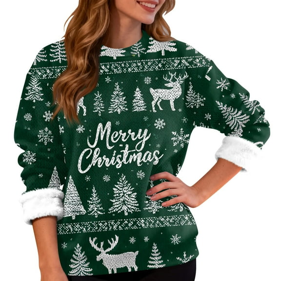 Women's Fashion Casual Long Sleeve Christmas Animal Print Round Neck Fleece Lined Sweatshirt Top with Merry Christmas Design for Holiday Season Comfort Wear
