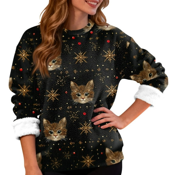 Women's Fashion Casual Long Sleeve Christmas Animal Print Round Neck Fleece Lined Sweatshirt Top with Merry Christmas Design for Holiday Season Comfort Wear