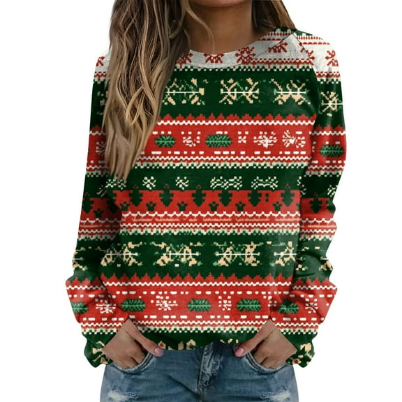 Women's Fashion Casual Long Sleeve Christmas Printed Neck Sweatshirt Top, Raglan Sleeve Design, Comfortable Pullover for Women, Festive Holiday Wear,Army Green,S