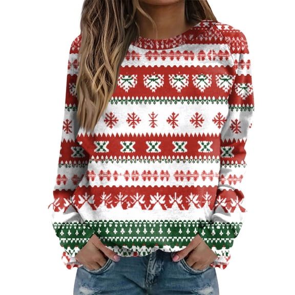 Women's Fashion Casual Long Sleeve Christmas Printed Neck Sweatshirt Top, Raglan Sleeve Design, Comfortable Pullover for Women, Festive Holiday Wear,Red,S