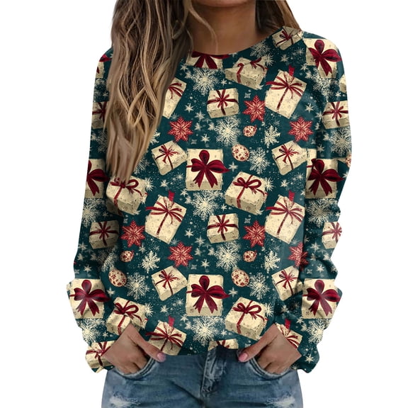 Women's Fashion Casual Long Sleeve Christmas Printed Neck Sweatshirt Top