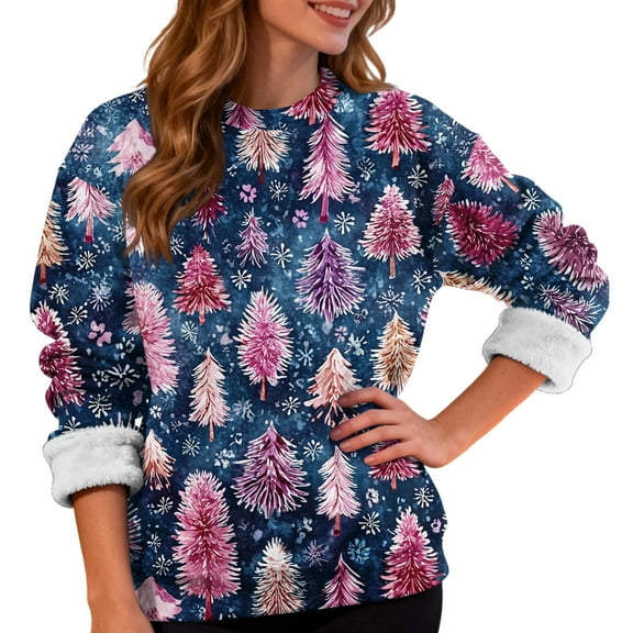 Women's Fashion Casual Long Sleeve Christmas Printed Round Neck Plus Velvet Thickened Sweatshirt for Holiday Season