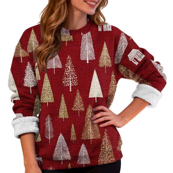 Women's Fashion Casual Long Sleeve Christmas Printed Round Neck Plus Velvet Thickened Sweatshirt for Holiday Season