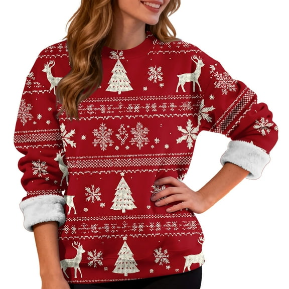Women's Fashion Casual Long Sleeve Christmas Printed Round Neck Plus Velvet Thickened Sweatshirt for Holiday Season