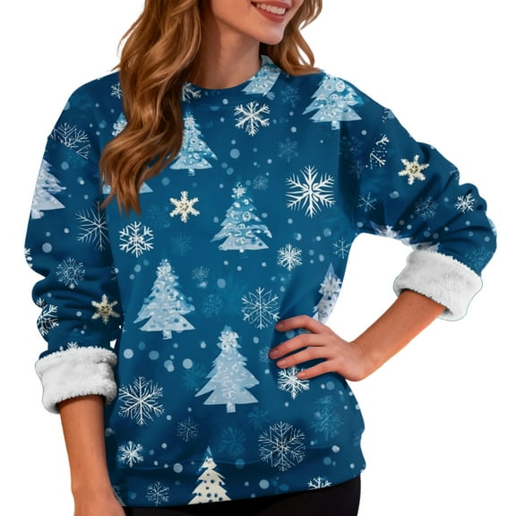 Women's Fashion Casual Long Sleeve Christmas Printed Round Neck Plus Velvet Thickened Sweatshirt for Holiday Season