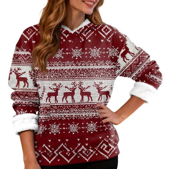 Women's Fashion Casual Long Sleeve Christmas Snowflake and Christmas Tree Print Hooded Fleece Lined Sweatshirt with Merry Christmas Text