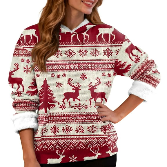 Women's Fashion Casual Long Sleeve Christmas Snowflake and Christmas Tree Print Hooded Fleece Lined Sweatshirt with Merry Christmas Text