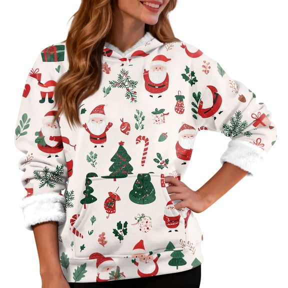 Women's Fashion Casual Long Sleeve Christmas Snowflake and Christmas Tree Print Hooded Fleece Lined Sweatshirt with Merry Christmas Theme
