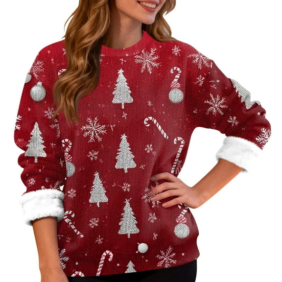 Women's Fashion Casual Long Sleeve Christmas Snowflake and Christmas Tree Print Round Neck Fleece Lined Sweatshirt Top for Winter Holiday