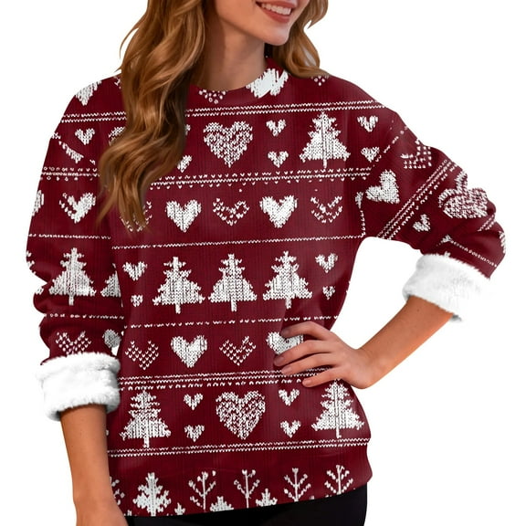 Women's Fashion Casual Long Sleeve Christmas Snowflake and Christmas Tree Print Round Neck Fleece Lined Sweatshirt Top for Winter Holiday