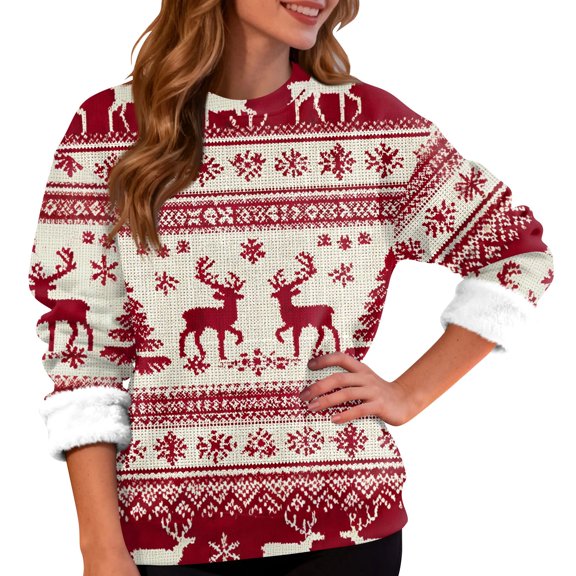 Women's Fashion Casual Long Sleeve Christmas Snowflake and Christmas Tree Print Round Neck Fleece Lined Sweatshirt Top with Merry Christmas Text