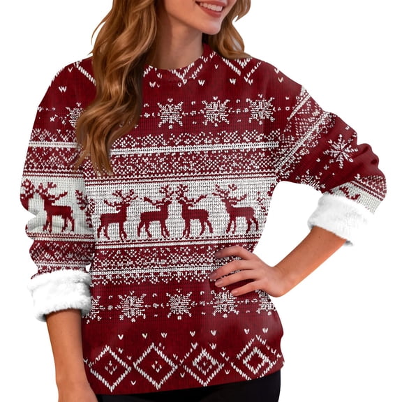 Women's Fashion Casual Long Sleeve Christmas Snowflake and Christmas Tree Print Round Neck Fleece Lined Sweatshirt Top with Merry Christmas Text