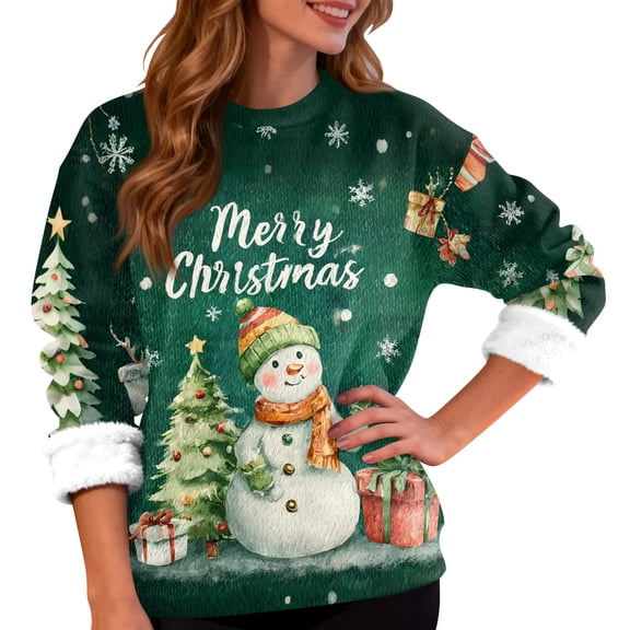 Women's Fashion Casual Long Sleeve Christmas Snowflake and Christmas Tree Print Round Neck Fleece Lined Sweatshirt Top with Merry Christmas Text