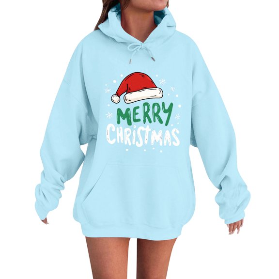 Women's Fashion Casual Long Sleeve Loose Christmas Print Hooded Sweatshirt Merry Christmas for Holiday Cheer and Relaxed Feel