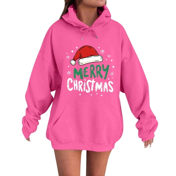 Women's Fashion Casual Long Sleeve Loose Christmas Print Hooded Sweatshirt Merry Christmas for Holiday Cheer and Relaxed Feel