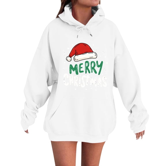 Women's Fashion Casual Long Sleeve Loose Christmas Print Hooded Sweatshirt Merry Christmas for Holiday Cheer and Relaxed Feel