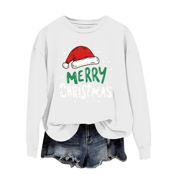 Women's Fashion Casual Long Sleeve Loose Christmas Printed Sweatshirt with Merry Christmas Design for Comfortable Wear