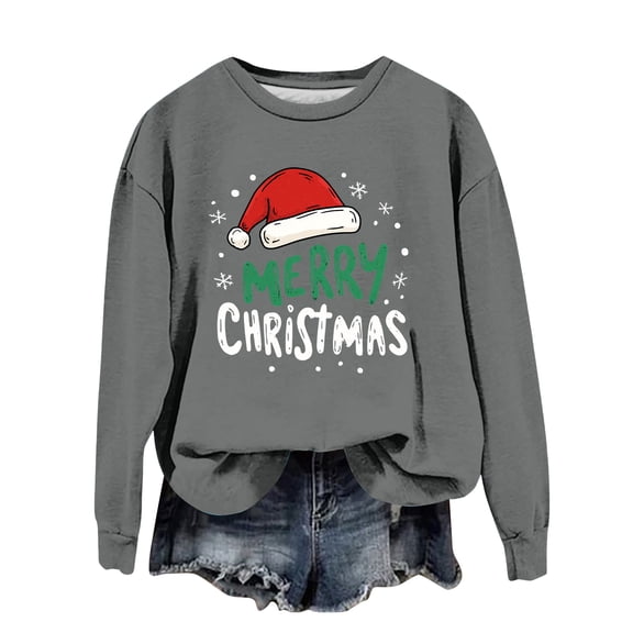 Women's Fashion Casual Long Sleeve Loose Christmas Printed Sweatshirt with Merry Christmas Design for Comfortable Wear
