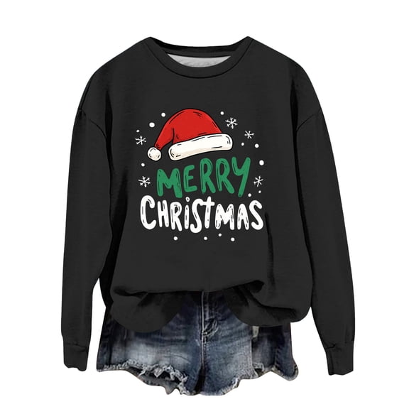 Women's Fashion Casual Long Sleeve Loose Christmas Printed Sweatshirt with Merry Christmas Design for Comfortable Wear