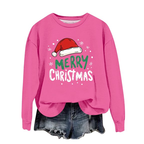Women's Fashion Casual Long Sleeve Loose Christmas Printed Sweatshirt with Merry Christmas Design for Comfortable Wear
