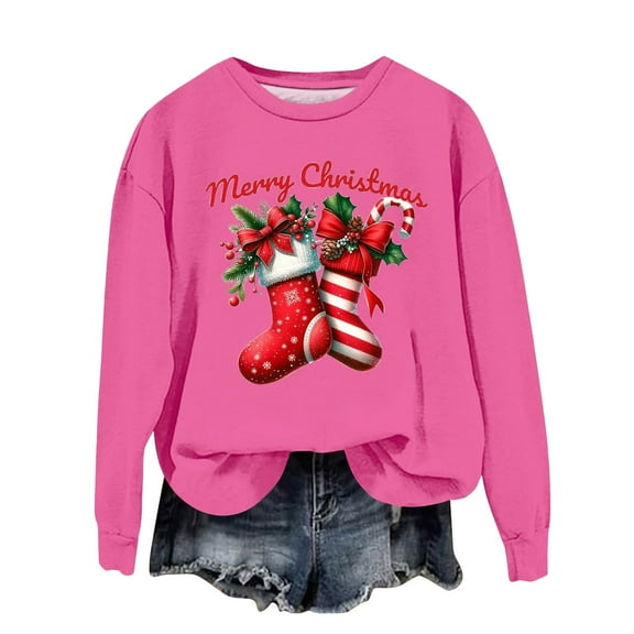 Women's Fashion Casual Long Sleeve Loose Christmas Printed Sweatshirt with Merry Christmas Design for Comfortable Wear
