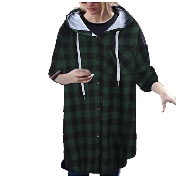 Women's Fashion Casual Long Sleeve Plaid Hooded Cardigan Jacket, Green, Size XXL