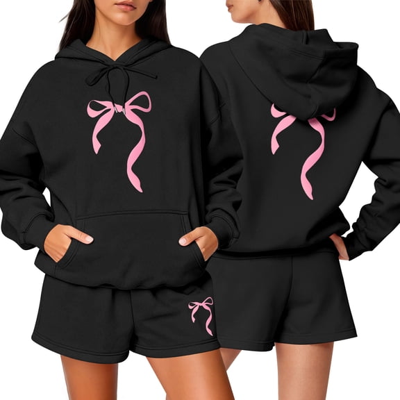 Women's Fashion Casual Long Sleeve Shorts Sports Round Neck Sweatshirt Set with Bow Print, Activewear for Sports and Casual Activities,Black,L