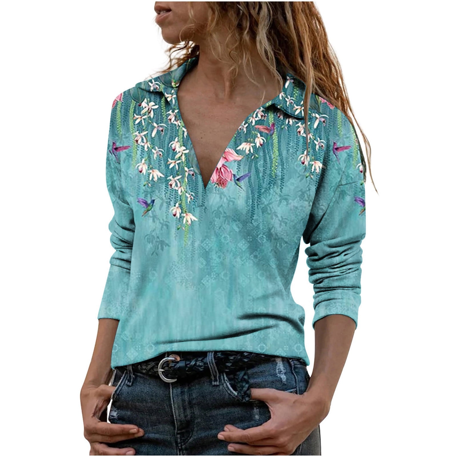 Women's Fashion Casual Long Sleeve V Neck Floral Print Pullover Top Plus Size Blouses Shirt Dressy for Fall