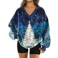 thumbnail image 1 of Women's Fashion Casual Long Sleeve V-Neck Top Sweatshirt with Merry Christmas Snowflake and Christmas Tree Print - Holiday Themed Casual Wear for Women,Dark Blue,2XL, 1 of 4