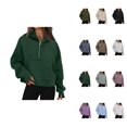 thumbnail image 1 of Women's Fashion Casual Long Sleeve Zipper Hoodie, Loose Fit Solid Color Cropped Pullover Quarter Zip Sweatshirt for Fall 2025, 1 of 5