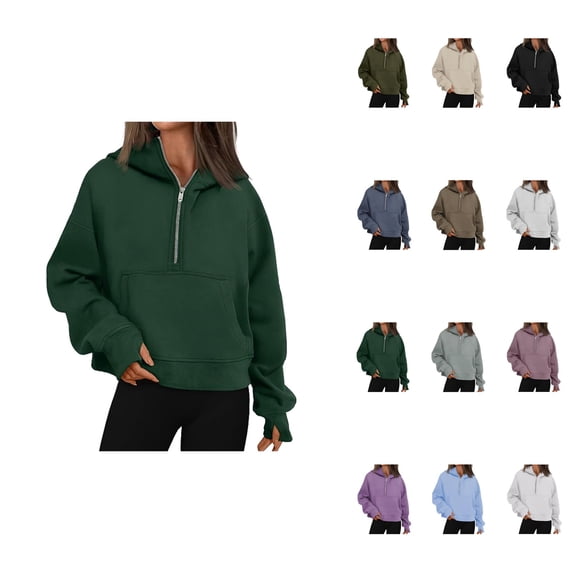 Women's Fashion Casual Long Sleeve Zipper Hoodie, Loose Fit Solid Color Cropped Pullover Quarter Zip Sweatshirt for Fall 2025