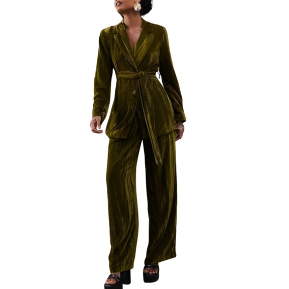 Women's Fashion Casual Long-Sleeved Solid-Colour Pleated Velvet Two-Piece Set with Belt and Straight-Leg Trousers, Elegant and Modern,Army Green,L