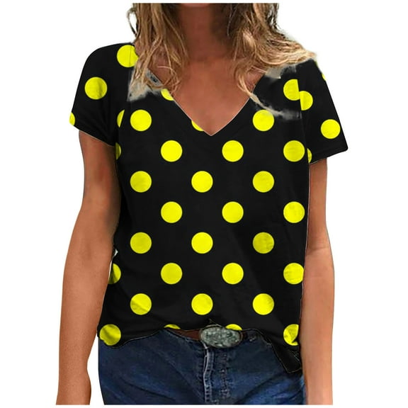Women's Fashion Casual Loose Blouse, Polka Dot Print V-Neck Short Sleeve T-Shirt, Stylish Printed Tee for Women, Comfortable V-Neck Casual Top, Trendy Summer Blouse for Daily Wear