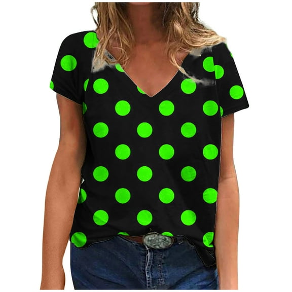 Women's Fashion Casual Loose Blouse, Polka Dot Print V-Neck Short Sleeve T-Shirt, Stylish Printed Tee for Women, Comfortable V-Neck Casual Top, Trendy Summer Blouse for Daily Wear