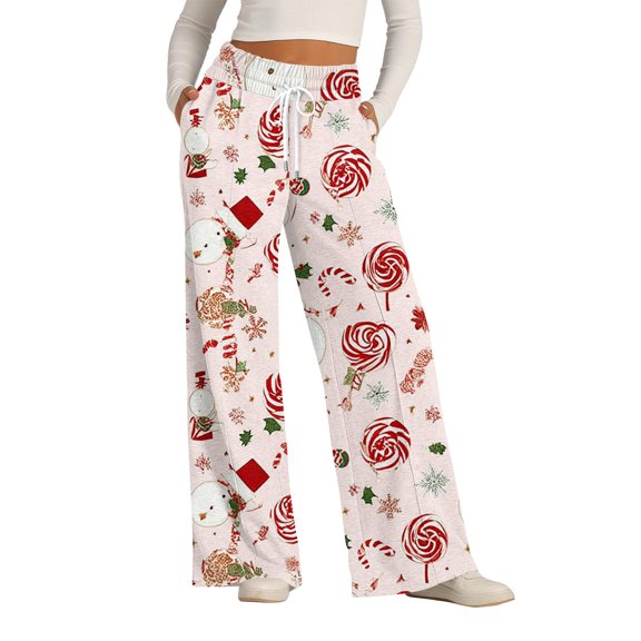 Women's Fashion Casual Loose Christmas Printed Wide-Leg Sweatpants, Comfortable Home and Outdoor Wear, Elastic Waist with Drawstring for Easy Fit, Warm Winter Pants, White, M