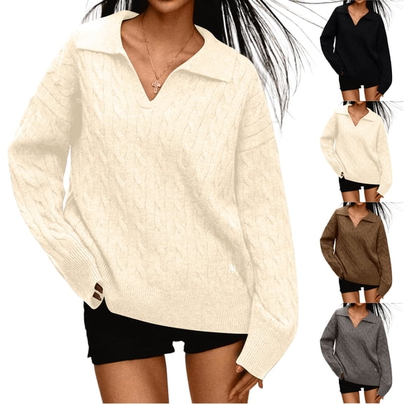 Women's Fashion Casual Loose Lazy Style Cable Lapel Pullover Long Sleeve Knit Sweater for Fall Winter Preppy Style,Coffee,One Size