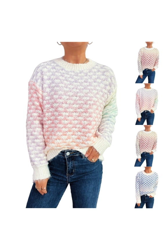 Women's Fashion Casual Loose Pattern Gradient Color Long Sleeve Round Neck Pullover Knit Sweater for Fall Winter Artistic Expressions,Yellow,S