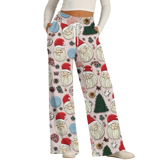 Women's Fashion Casual Loose Printed Wide-Leg Sports Pants with Christmas Print, Comfortable Home and Outdoor Wear, Elastic Waist with Drawstring for Easy Fit, Pink, XL