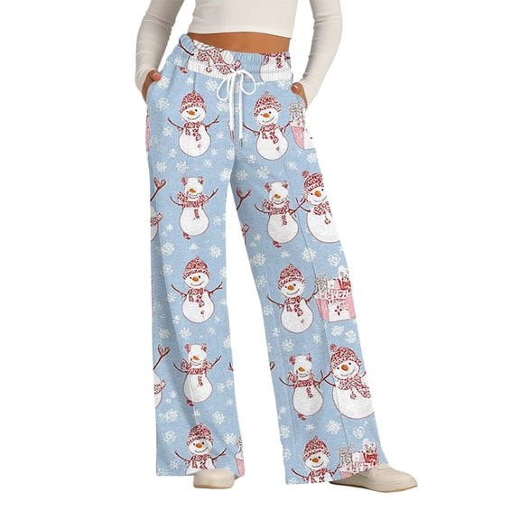 Women's Fashion Casual Loose Printed Wide-Leg Sports Pants with Christmas Print, Comfortable Home and Outdoor Wear, Elastic Waist with Drawstring for Easy Fit, Sky Blue, L