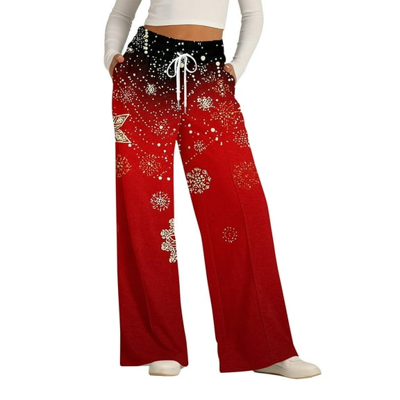 Women's Fashion Casual Loose Printed Wide-Leg Sports Pants with Christmas Print, Comfortable Home and Outdoor Wear, Elastic Waist with Drawstring for Easy Fit, Wine, S