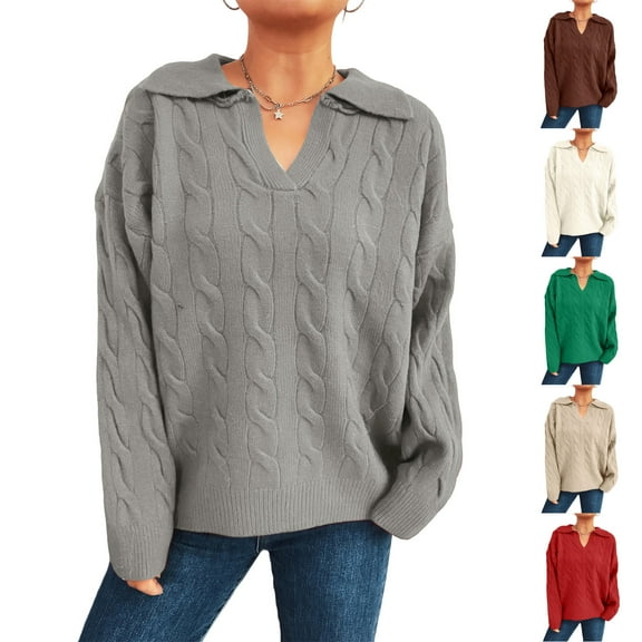 Women's Fashion Casual Loose Semi-Retro Cable Lapel Long Sleeve Knit Sweater Pullover for Fall Winter Commuter Style,Red,S