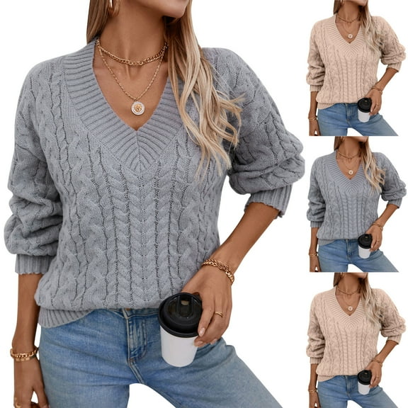 Women's Fashion Casual Loose Solid Color Pullover Retro Cable V-Neck Long Sleeve Knit Sweater for Fall Winter Vintage Inspired Looks,Khaki,S