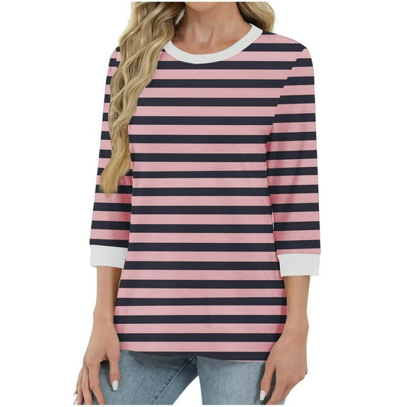 Women's Fashion Casual Loose Solid Color Round-neck 3/4 Sleeves Stripes Pullover Top Fall Winter Daily Basic Shirts for Women 2025 Soft Warm Blouse Top