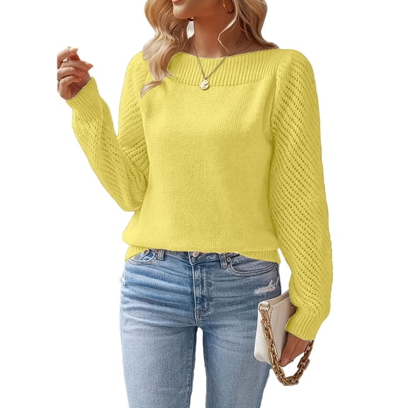 Women's Fashion Casual Openwork Long Sleeve Off the Shoulder Pullover Knit Top Loose Fit Sweater for Party Wear and Evening Out,Yellow,XL
