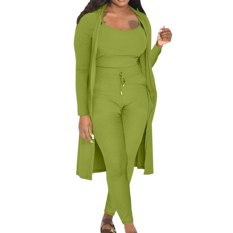 Women's Fashion Casual Outfits Clothes Set Fall Stretchy Wear 2023 Solid  Color 3 Piece Pants Ladies Ribbed Women Trendy Stylish Clothing Suits  Female