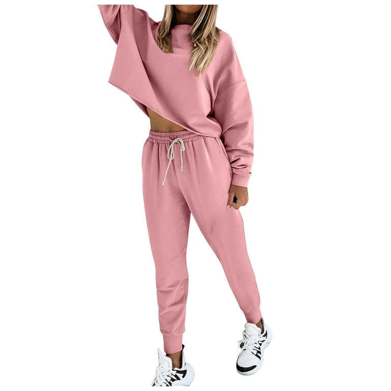 Women Solid Pink Tracksuit Casual Outfit Pants Long Sleeve