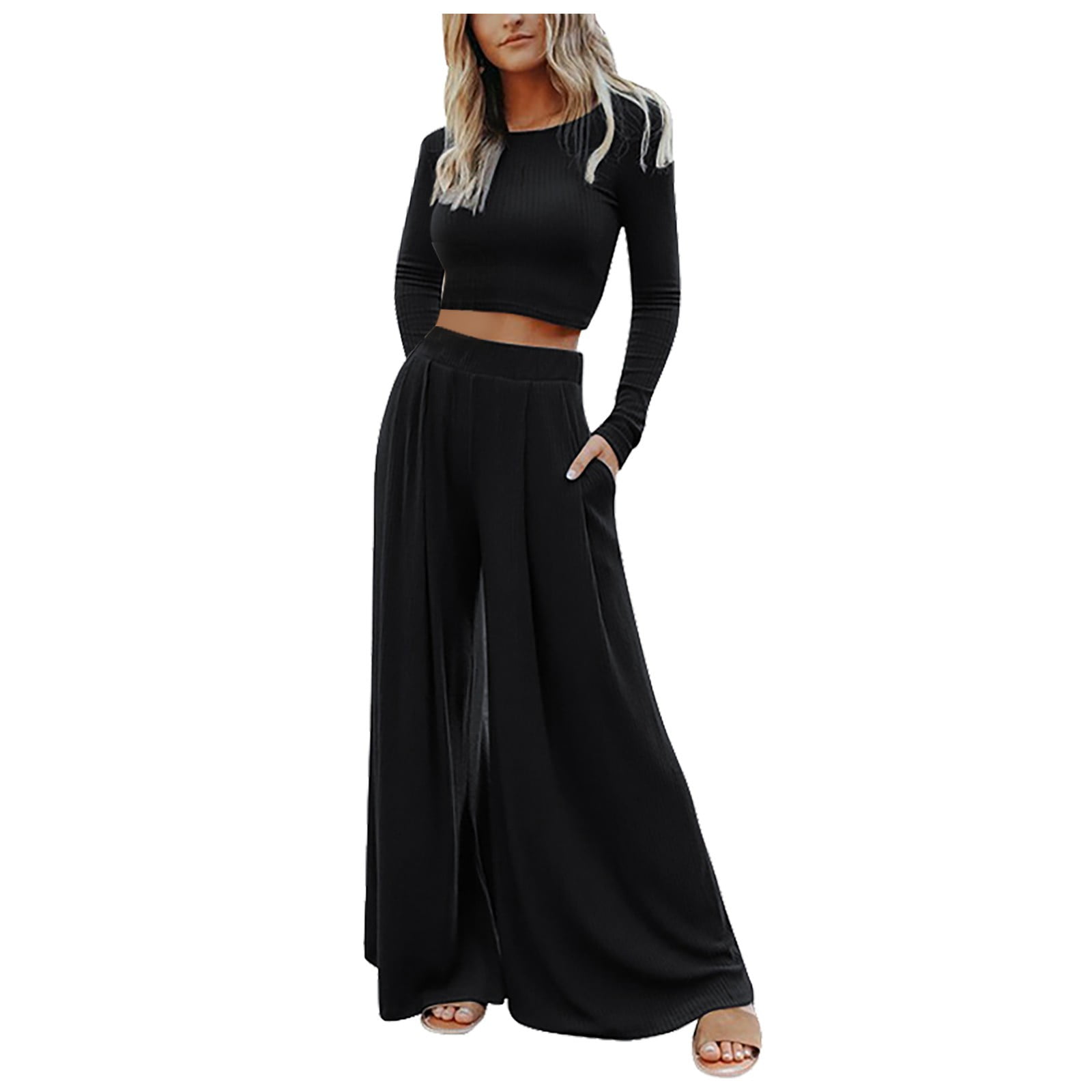 Women's Fashion Casual Outfits Clothes Set Solid Color High Elastic Shaping  Long Sleeve Wide Leg Pants 2 Piece Trousers Women Trendy Stylish Clothing