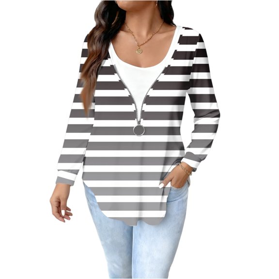 Women's Fashion Casual Oversized Printed Long-Sleeve Top - Gray, Classic XL Fit, Loose Style, Trendy Print, Size XL