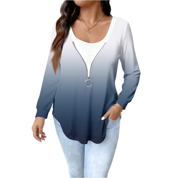 Women's Fashion Casual Oversized Printed Long-Sleeve Top - Sky Blue, Classic XL Fit, Trendy Printed Detail, Loose Style, Size XL