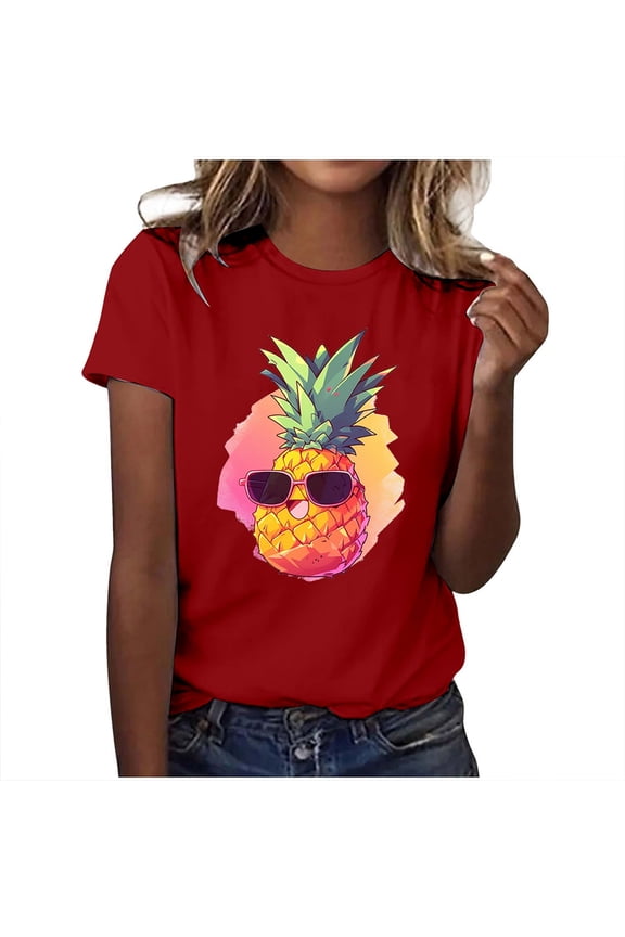 Women's Fashion Casual Pineapple Print T-Shirt Short Sleeve Comfortable Breathable Summer Top